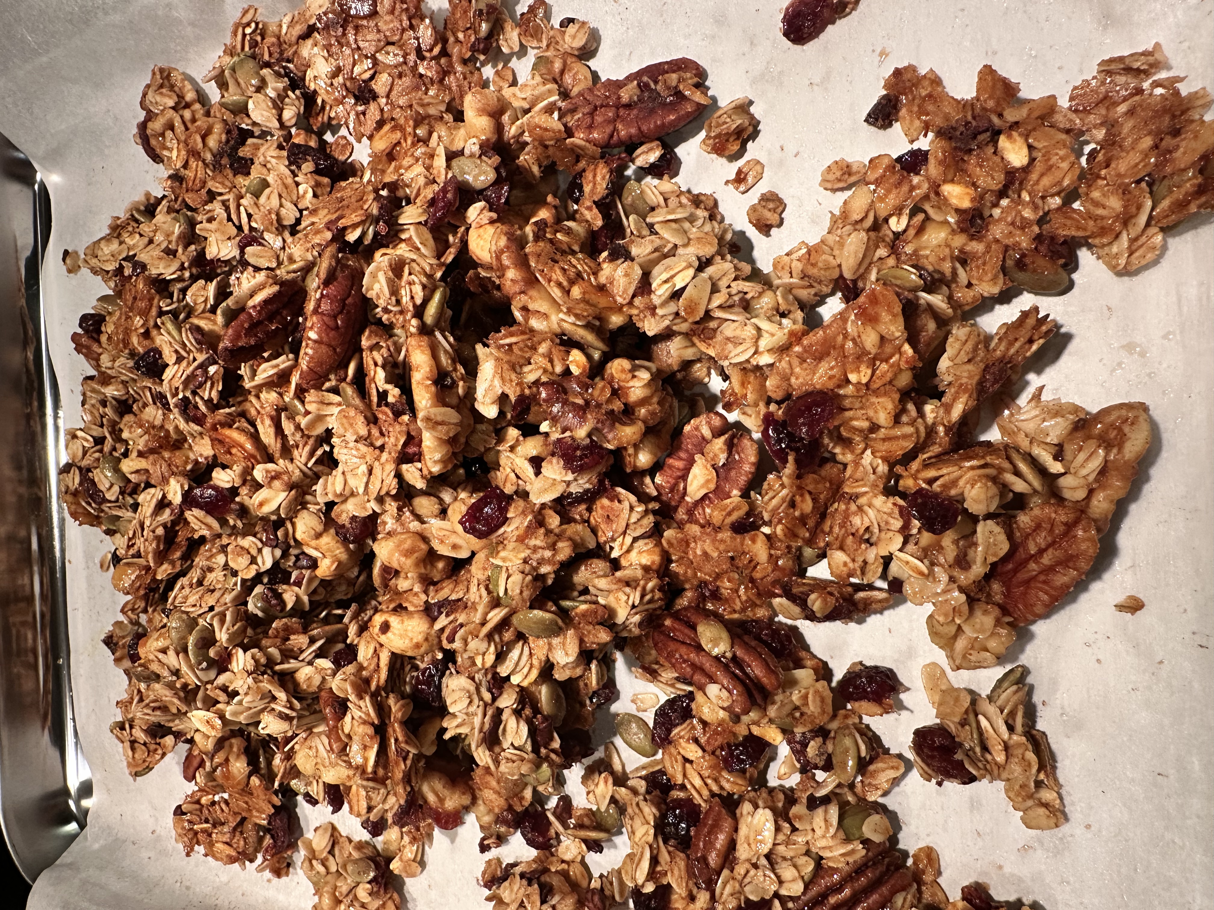 Finished granola clusters on a sheet pan