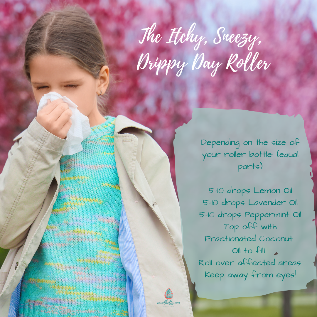 Graphic with the itchy, sneezy, drippy day roller bottle blend recipe.