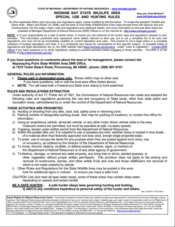 Wigwam Bay special use and hunting rules