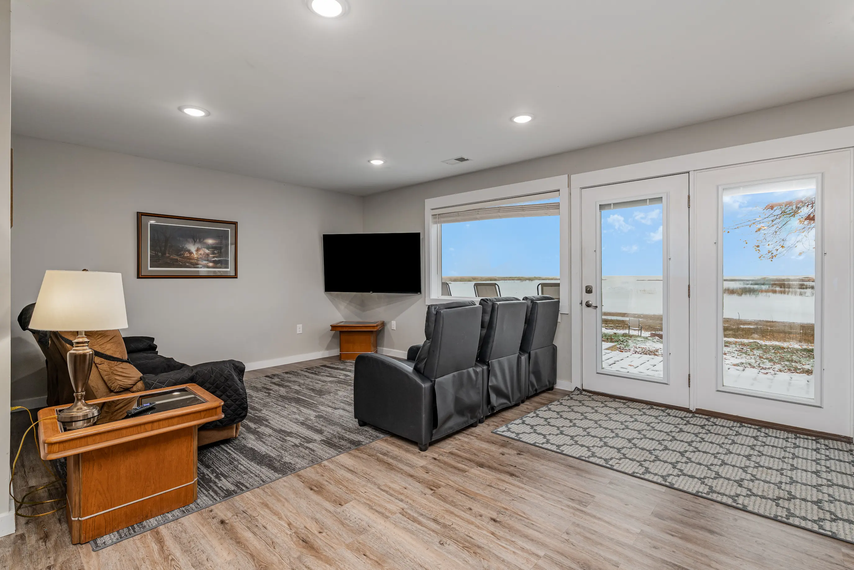 Cozy living room interior with beautiful Lake Huron views