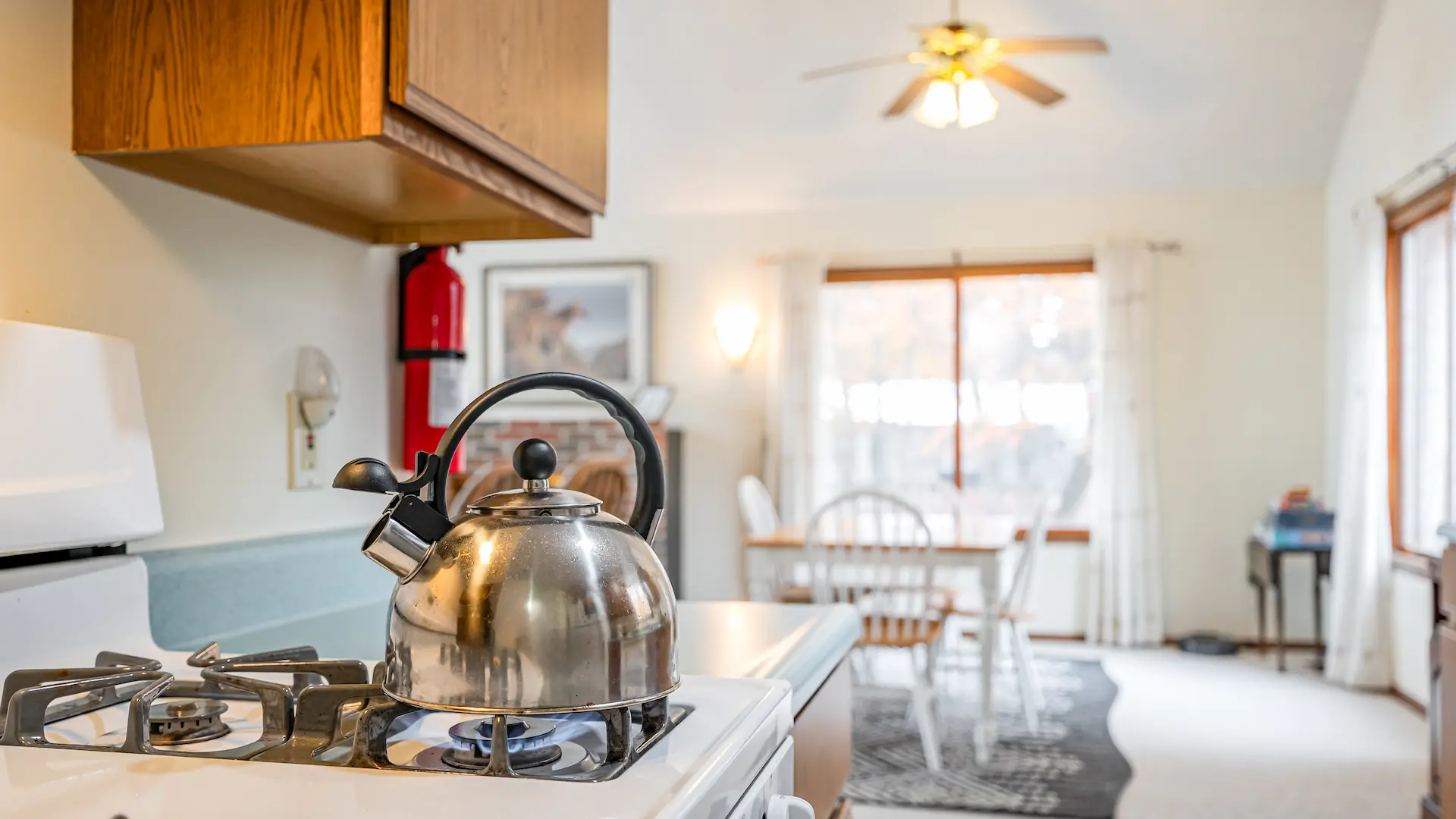 Fresh coffee pot with dining area and beautiful lake view in the background