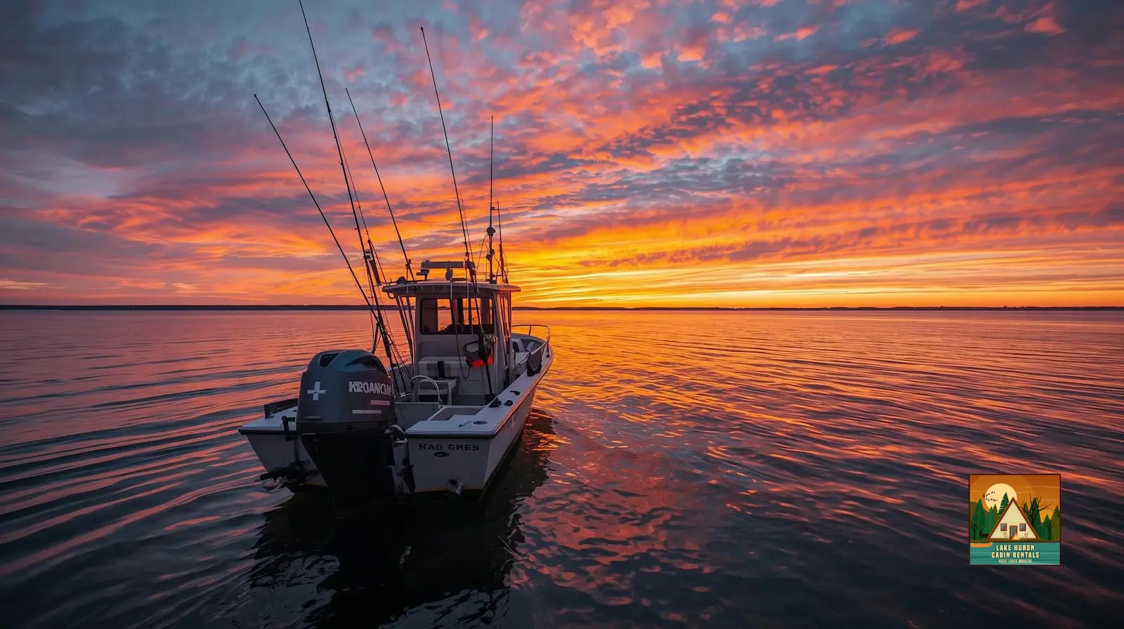 A fishing boat at sunrise on Saginaw Bay near Au Gres, Michigan, prepared for a day of walleye and perch fishing.