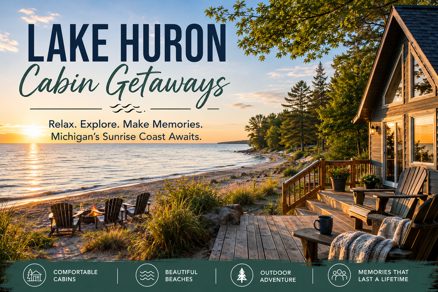 Lake Huron cabin getaway with sunrise over the water and a cozy lakeside cabin