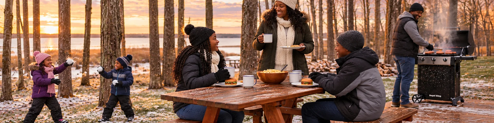 Guests enjoying an outdoor meal beside Lake Huron at Life's a Hoot