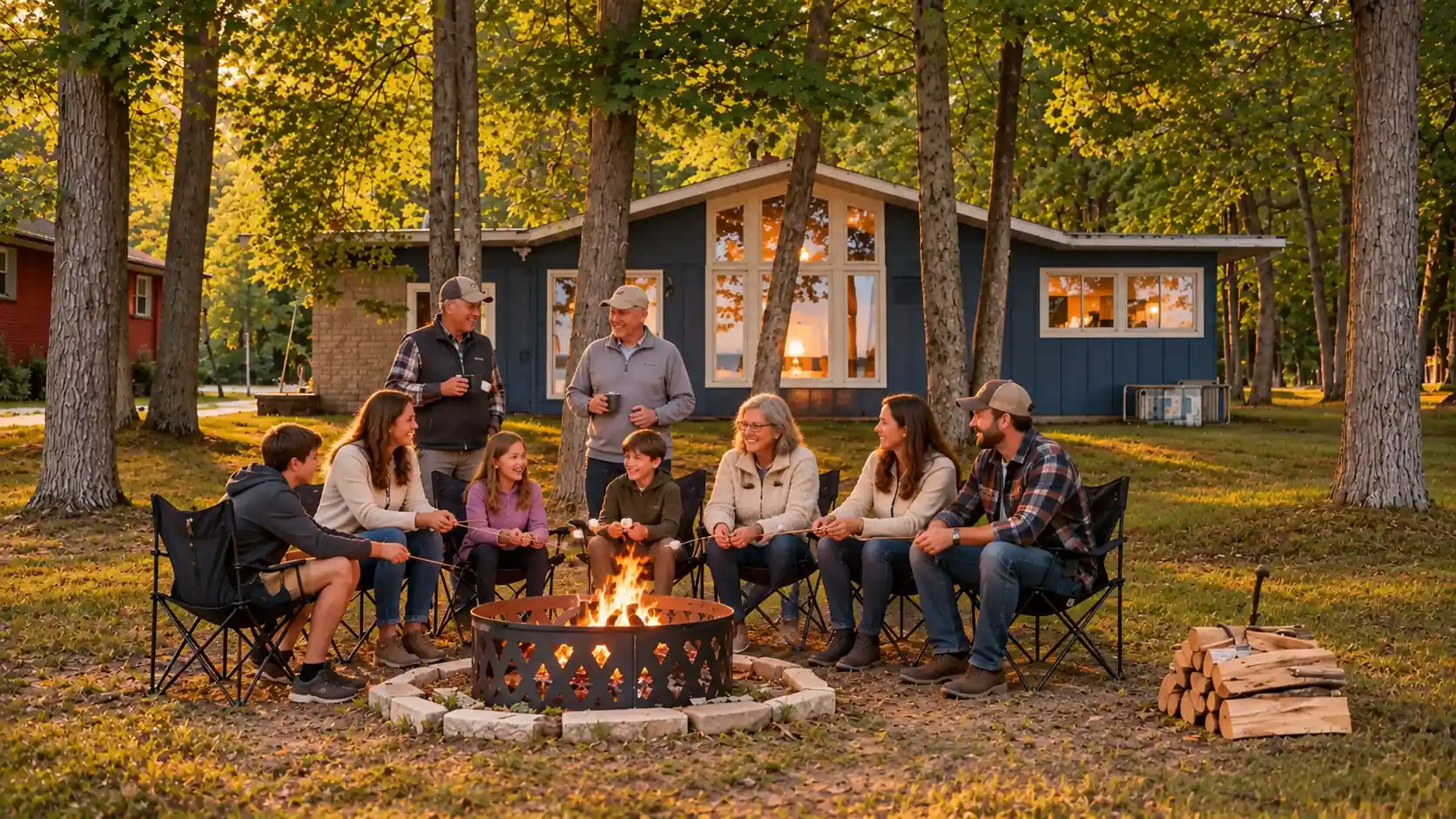 Lakefront exterior of Granny's Cabin with fire pit