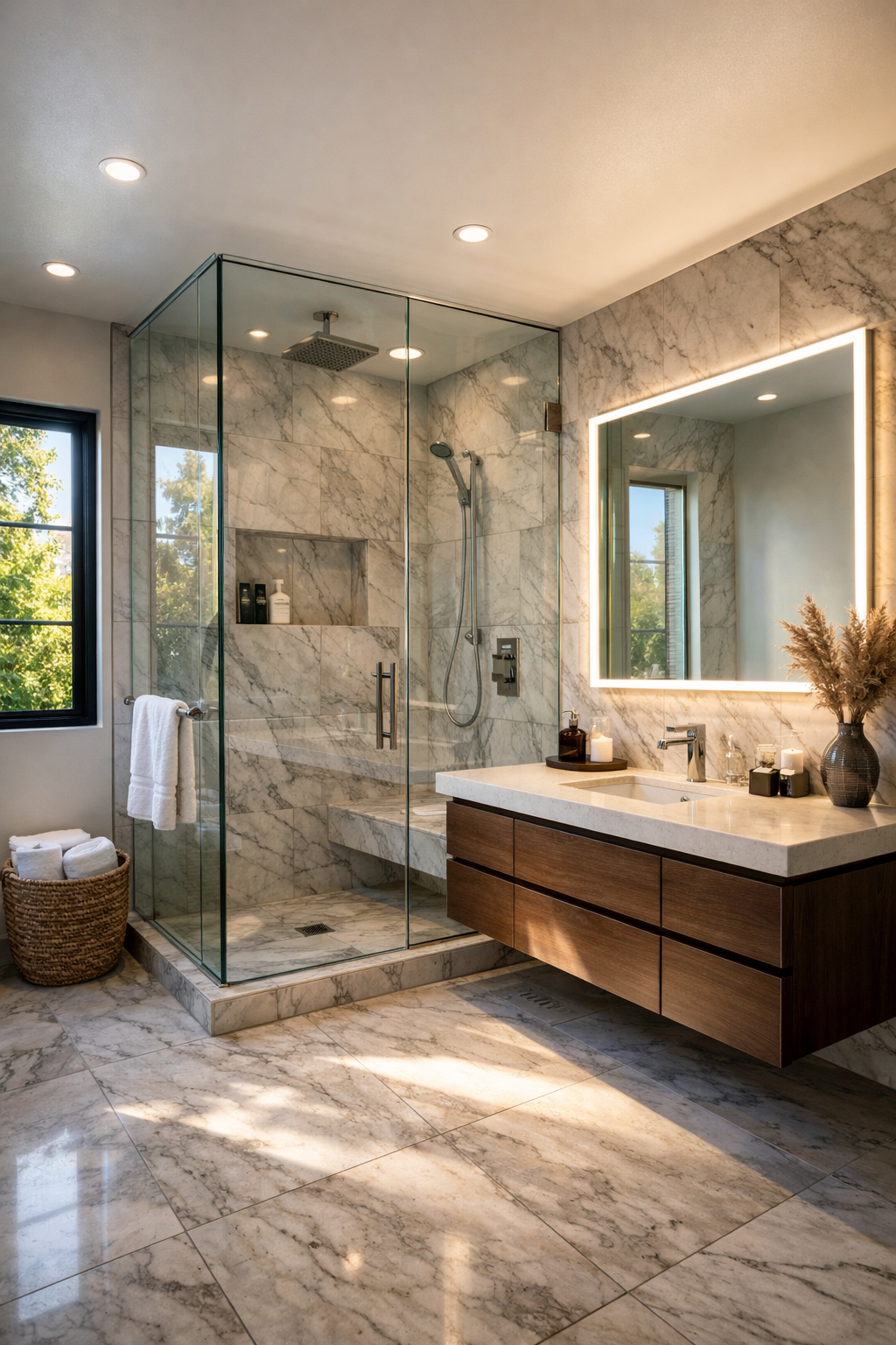 Modern bathroom remodel in Los Angeles featuring a frameless glass walk-in shower, floating vanity with LED mirror lighting, marble tile walls, and bright natural California sunlight creating a luxury spa-style bathroom design.