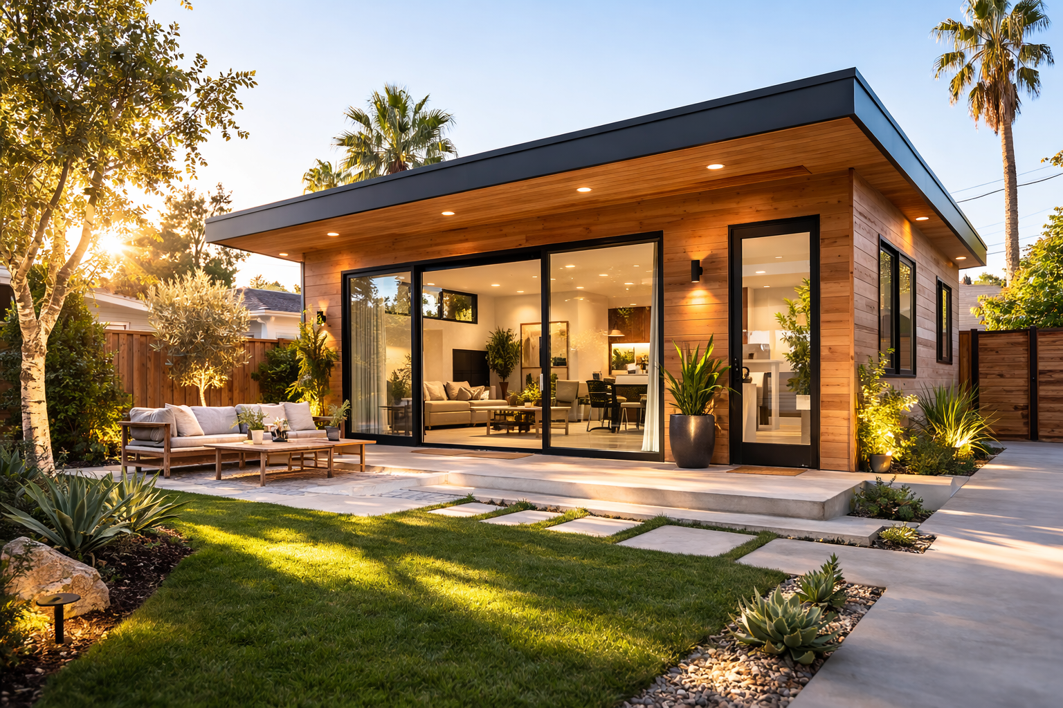 Newly built backyard ADU in Los Angeles featuring a modern small house design with large windows, clean white exterior, wooden accents, and bright California sunlight in a residential neighborhood.