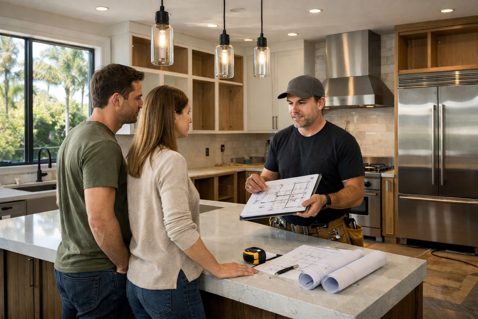 Luxury kitchen remodel in Los Angeles featuring a large quartz waterfall island, modern white cabinets, stainless steel appliances, and bright natural California sunlight creating a modern open kitchen design.