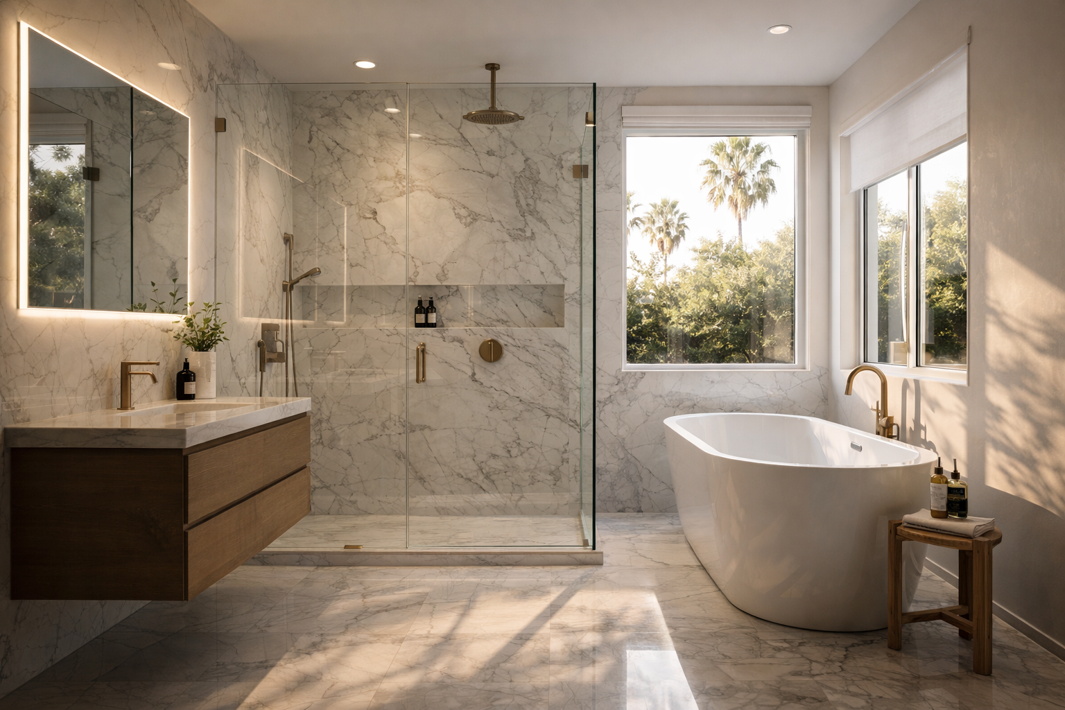 luxury bathroom remodel in los angeles with walk in shower and freestanding bathtub