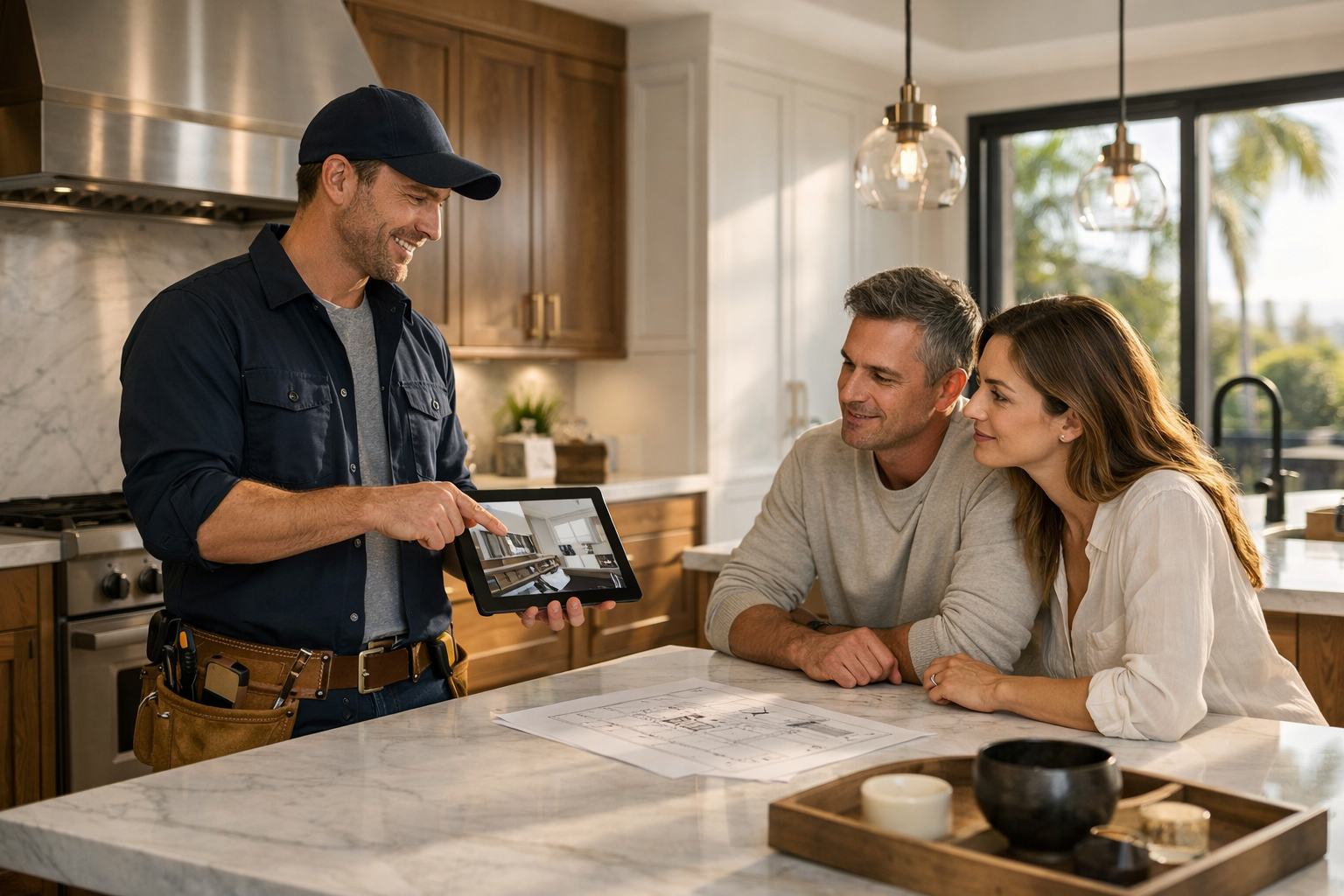 kitchen remodeling contractor meeting homeowner in modern los angeles kitchen