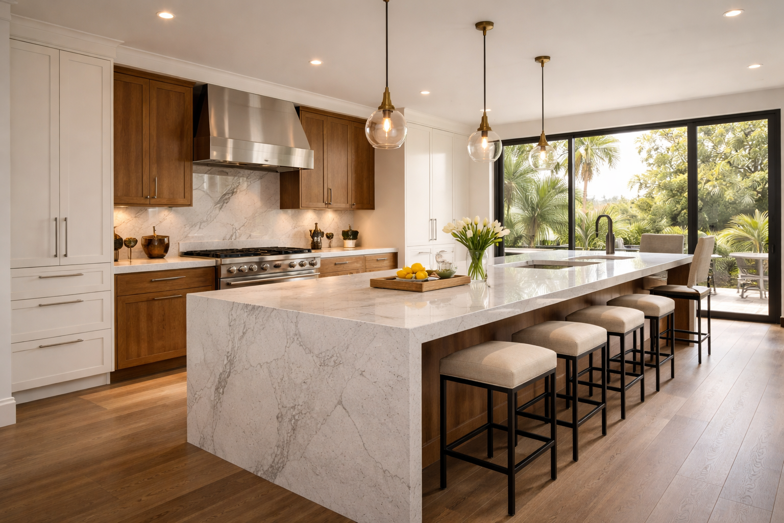 modern luxury kitchen remodel in los angeles with quartz island and two tone cabinets