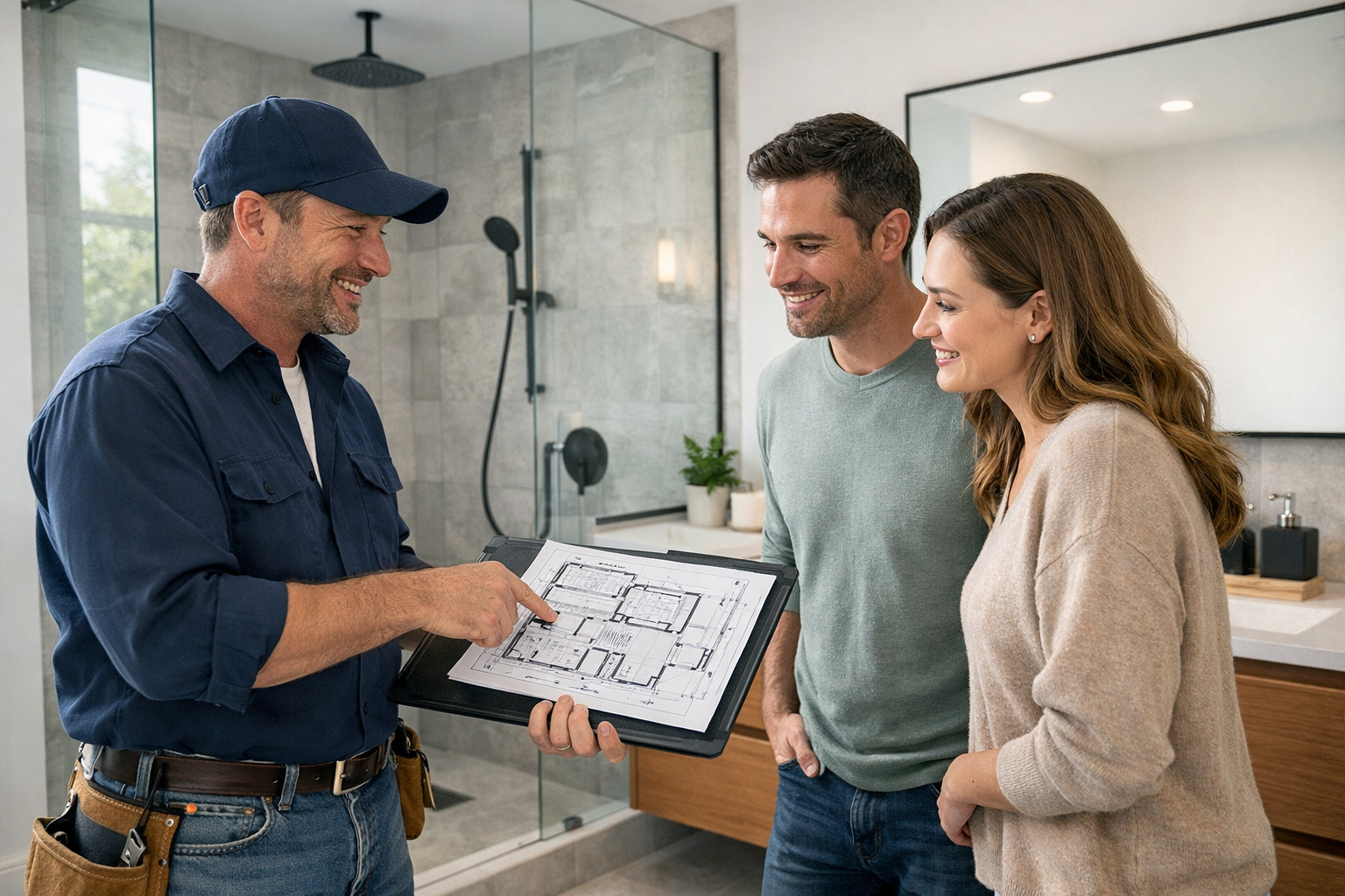 bathroom remodeling contractor meeting homeowner in los angeles bathroom