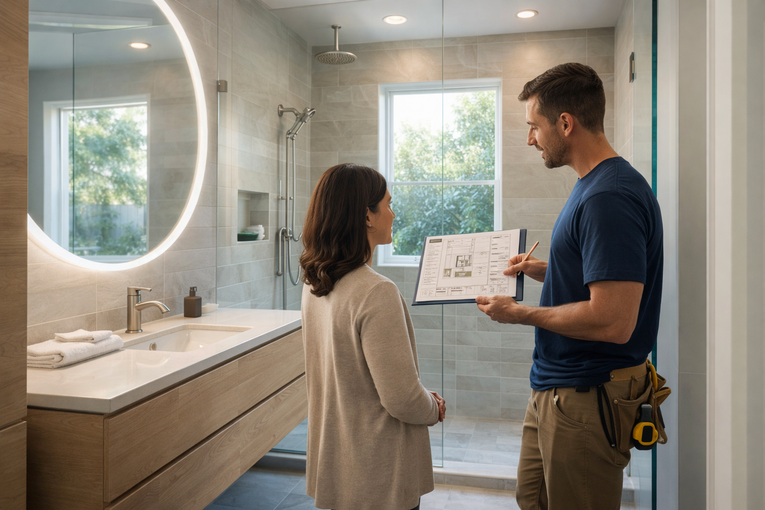 bathroom remodeling planning in los angeles contractor discussing bathroom design with homeowner