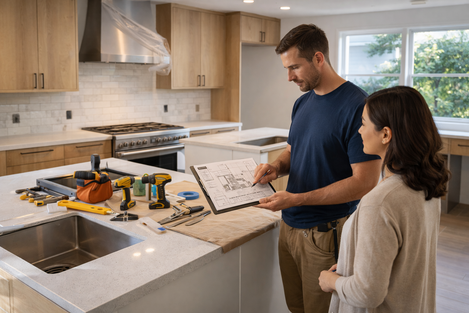 kitchen remodeling mistakes los angeles contractor discussing renovation plans in modern kitchen