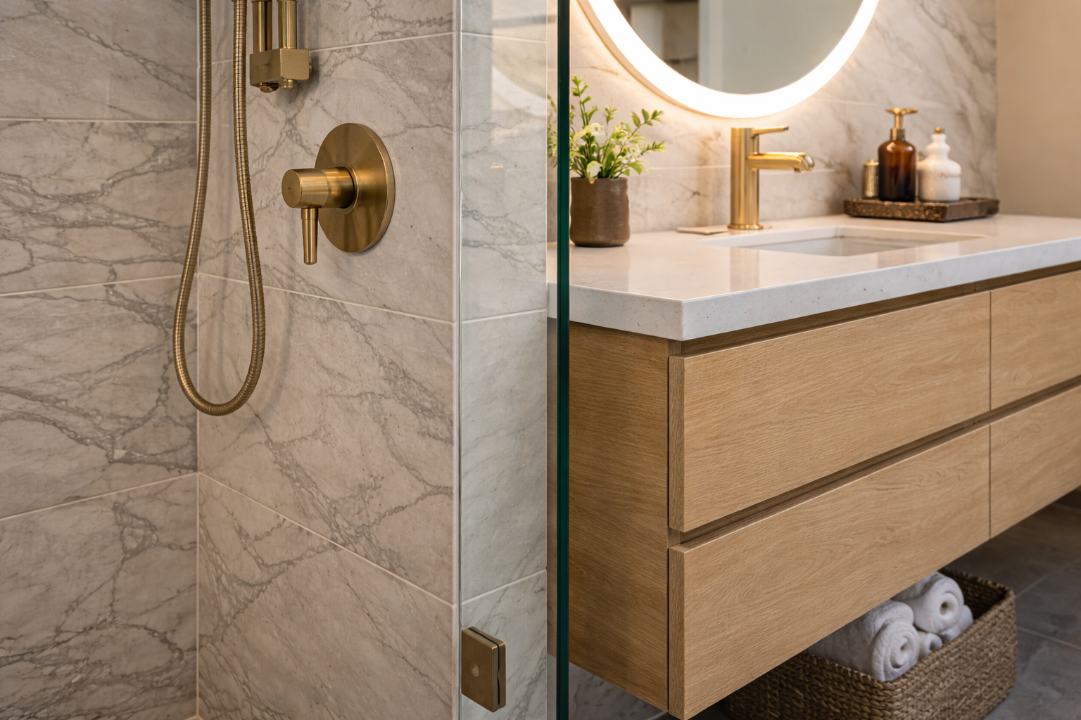 bathroom remodeling materials los angeles marble tile vanity fixtures modern design details