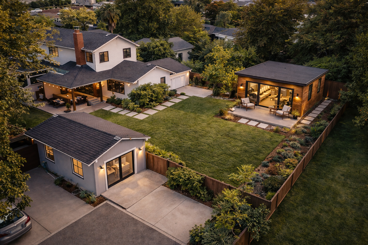 multiple adu los angeles property layout showing main house and two accessory dwelling units