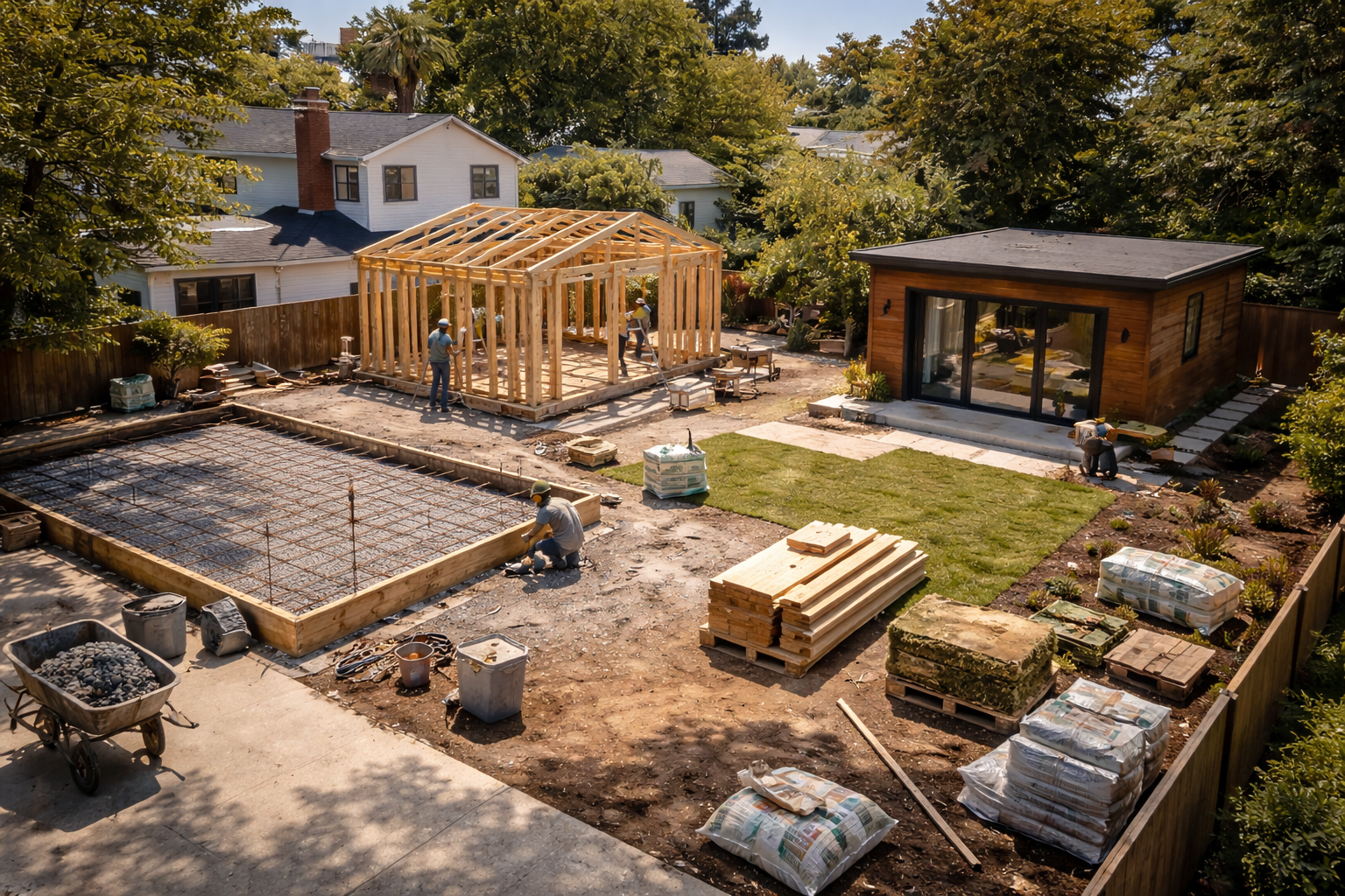 detached adu timeline los angeles construction phases foundation framing and exterior progress