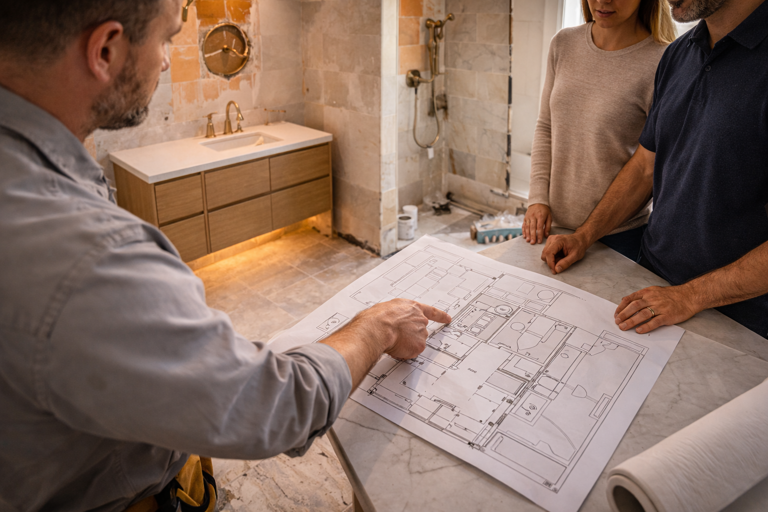 bathroom remodeling mistakes los angeles contractor reviewing renovation plans in bathroom