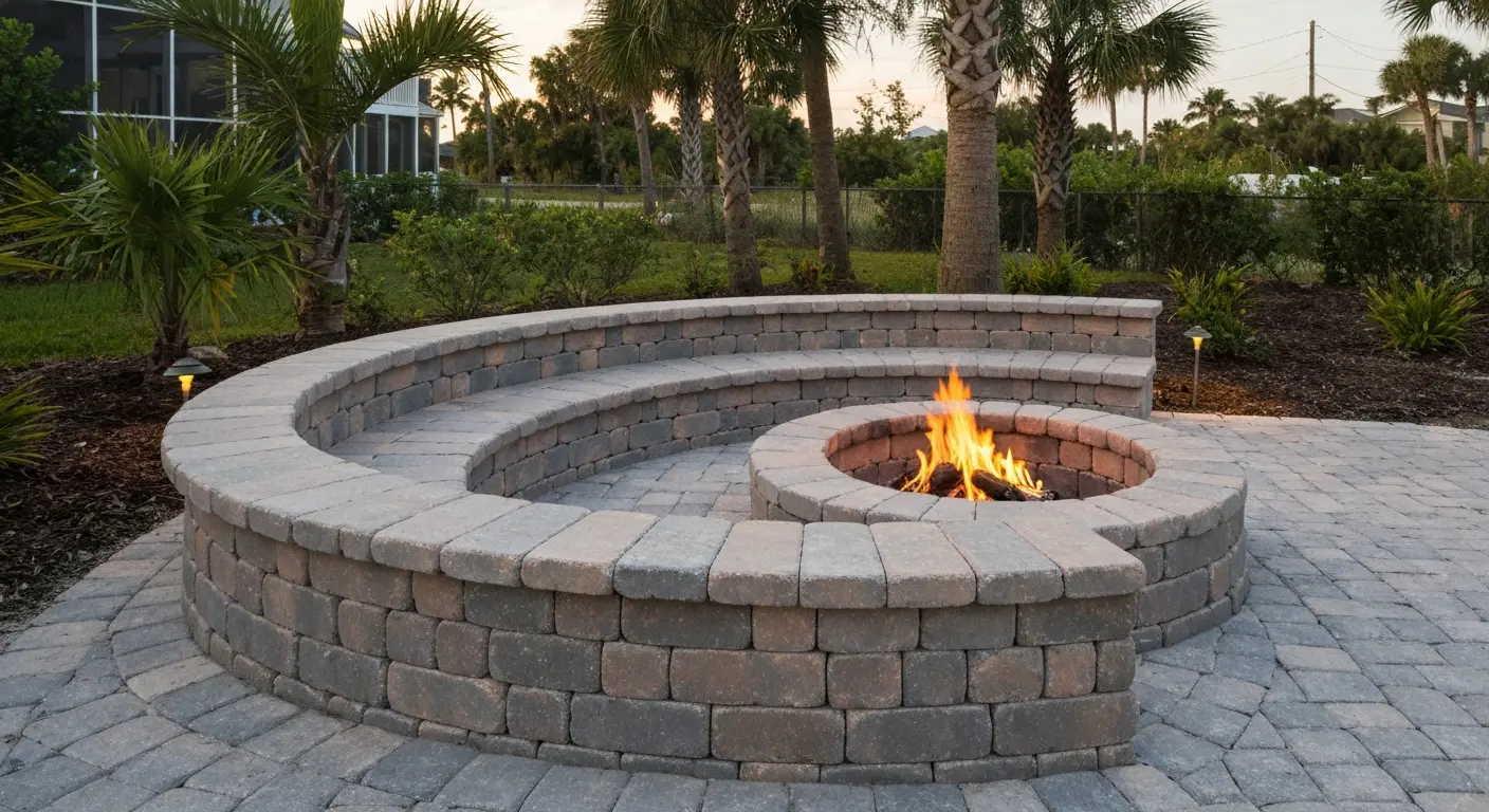 Fire pit with curved seating wall