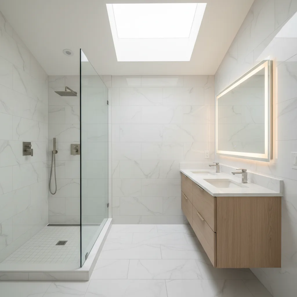 Completed bathroom remodel with a glass walk-in shower, floating double vanity, and marble-look tile in a Leesburg, VA home