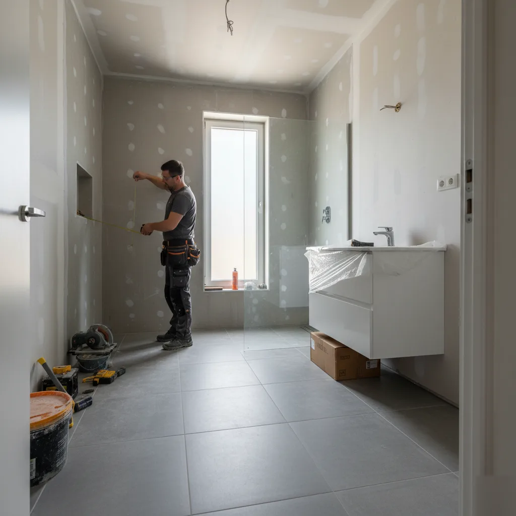 Bathroom tile installation tools — notched trowel, level, and adhesive — set out beside slate tile pieces and mosaic samples for a Leesburg, VA bathroom remodel