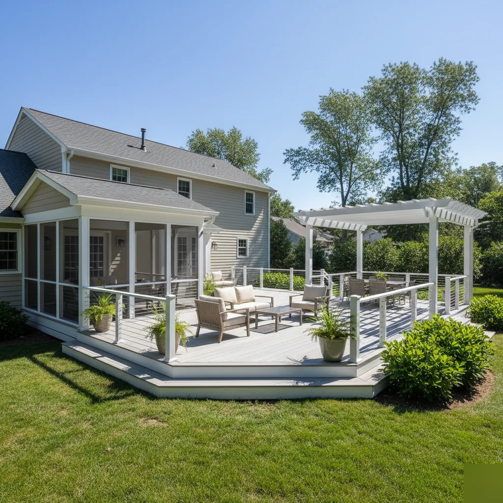 Finished composite deck with white pergola and attached screened porch on a Leesburg, VA home, surrounded by a landscaped lawn