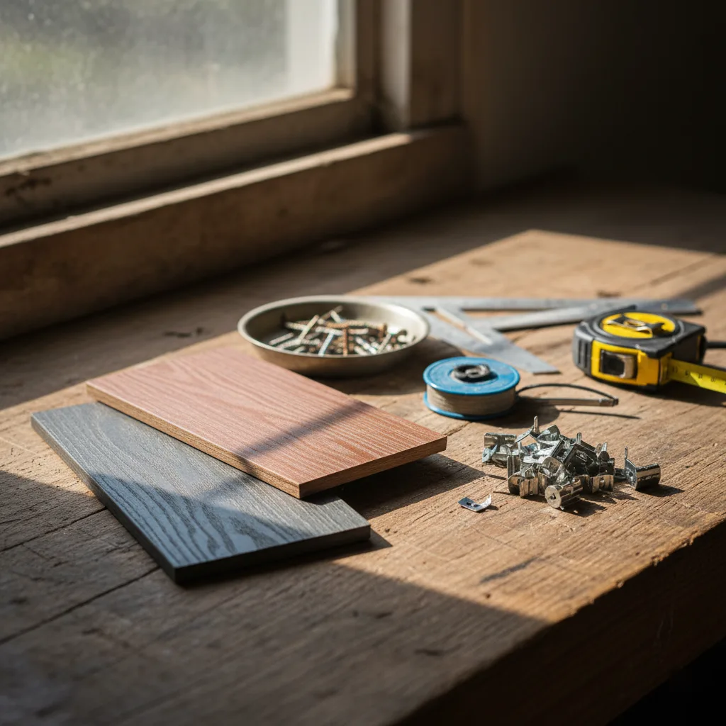 Composite decking samples in cedar and charcoal tones alongside fasteners, screws, a tape measure, and hidden clip hardware on a workbench