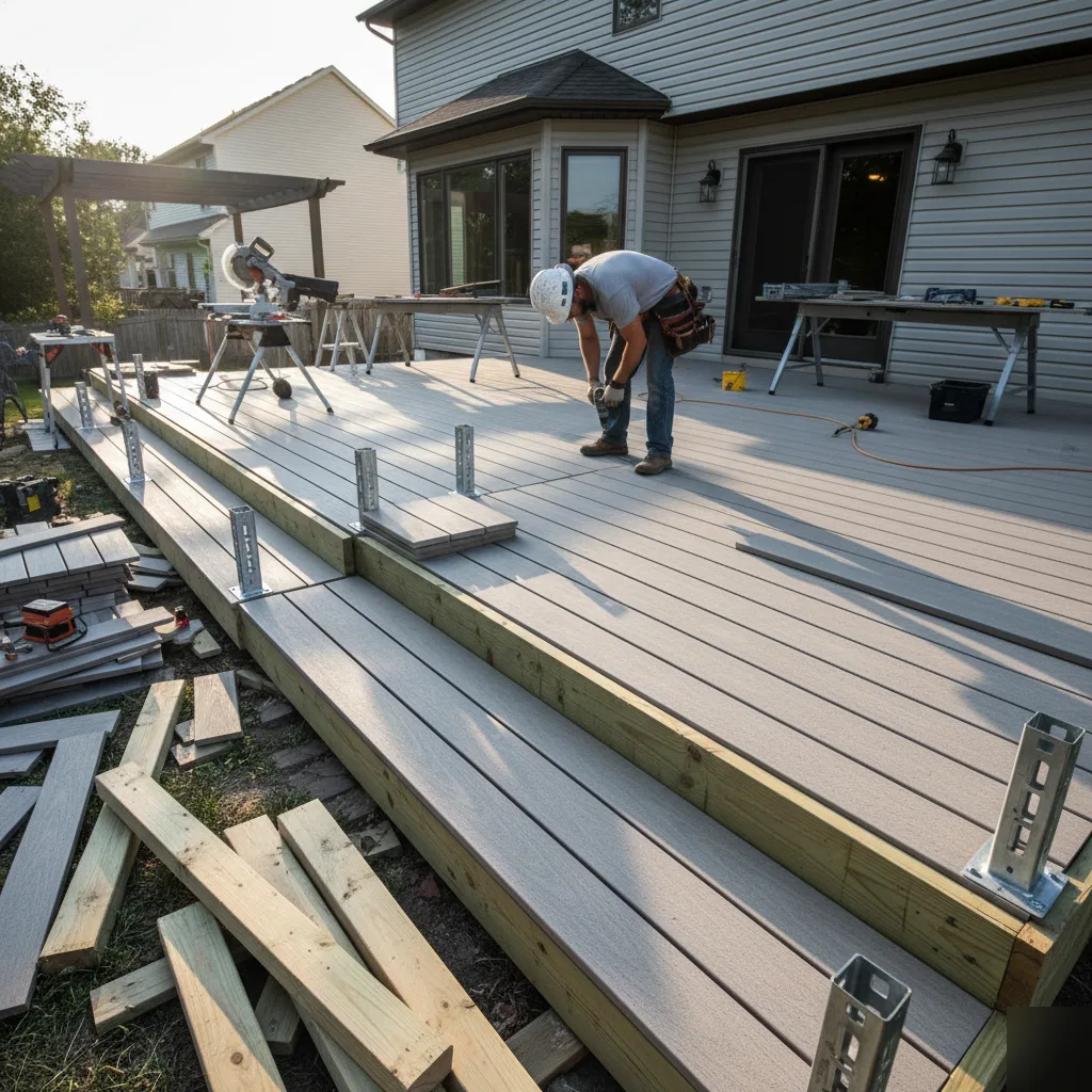 Salty Dog Remodeling contractor installing gray composite decking boards over a pressure-treated wood frame on a Leesburg, VA home, with a miter saw and tools visible in the background