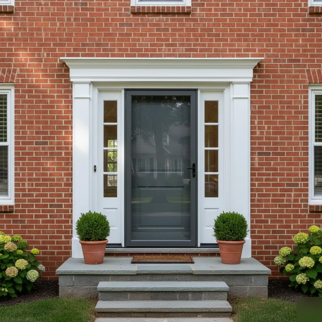 Completed dark gray front door replacement with white trim and sidelights on a brick home in Leesburg VA