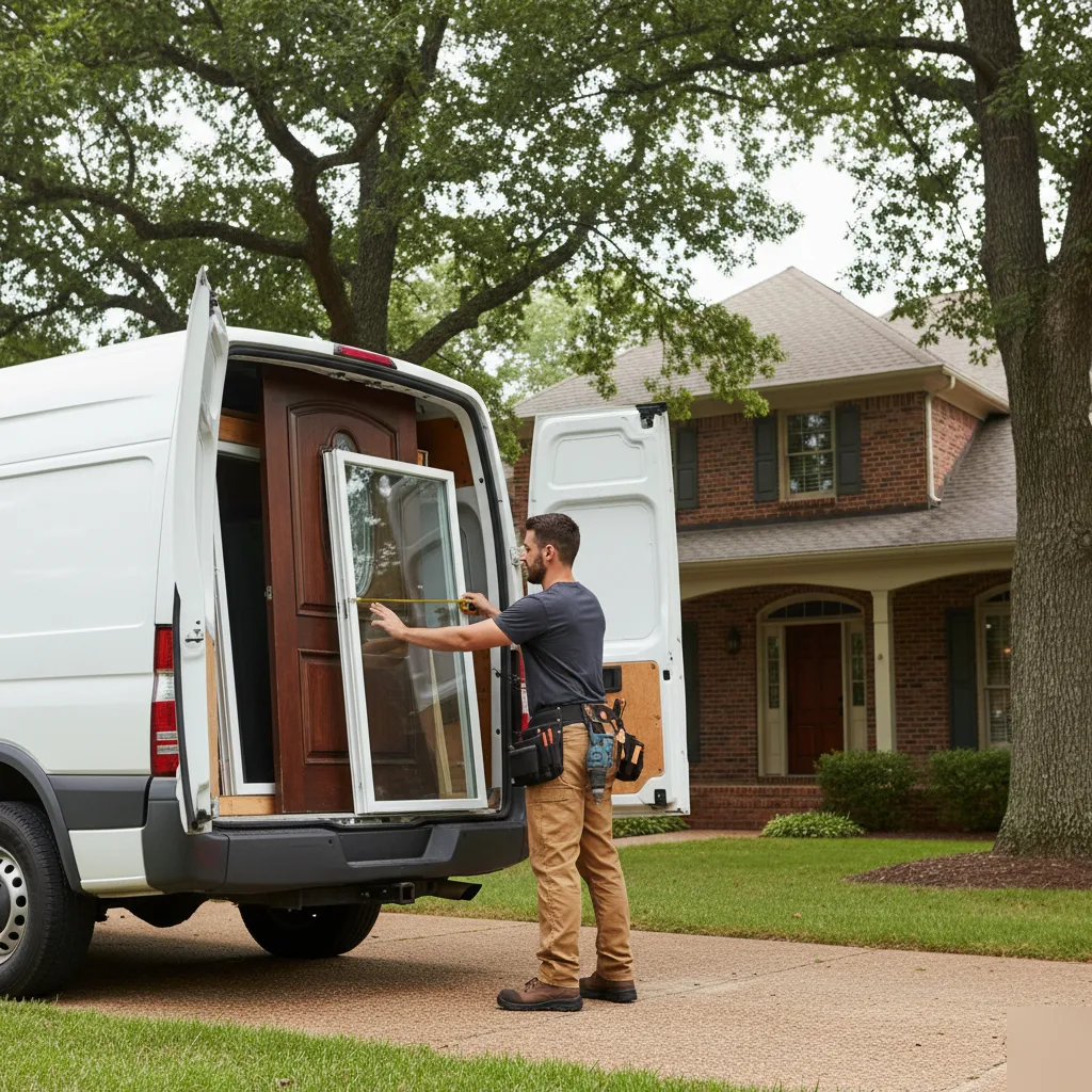 Installer carrying a white door from a van to a brick colonial home on a tree-lined street in Leesburg VA
