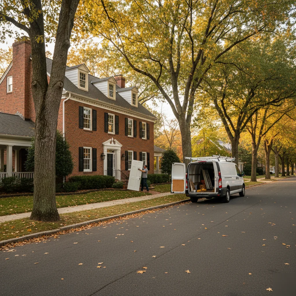 Contractor measuring a door at the back of a work van in a residential driveway preparing for installation in Leesburg VA