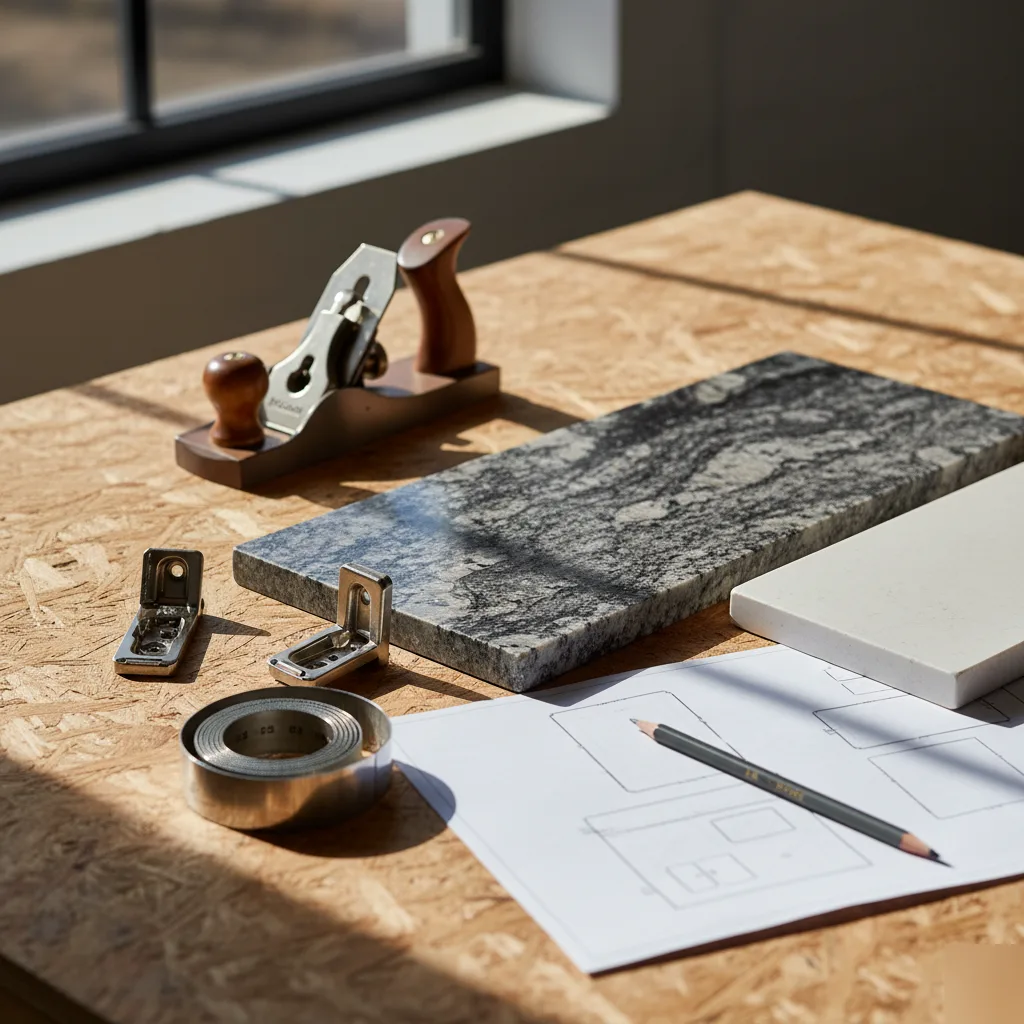 Hand plane, measuring tape, cabinet hinges, and granite and quartz countertop samples laid out on a workbench with a kitchen floor plan during a Leesburg kitchen remodel