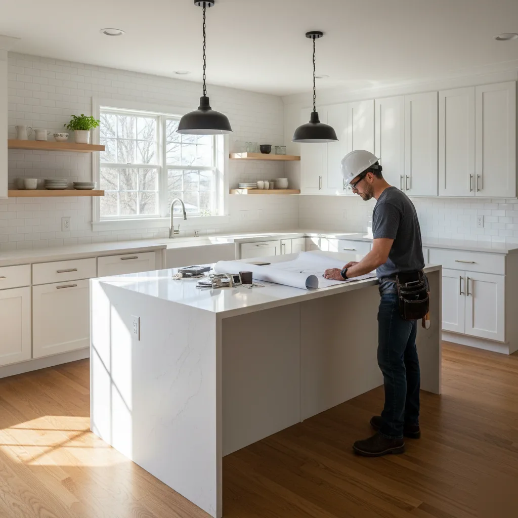 Contractor in a hard hat reviewing kitchen remodel plans on a white quartz island in a recently completed Leesburg kitchen with shaker cabinets, subway tile backsplash, and floating shelves