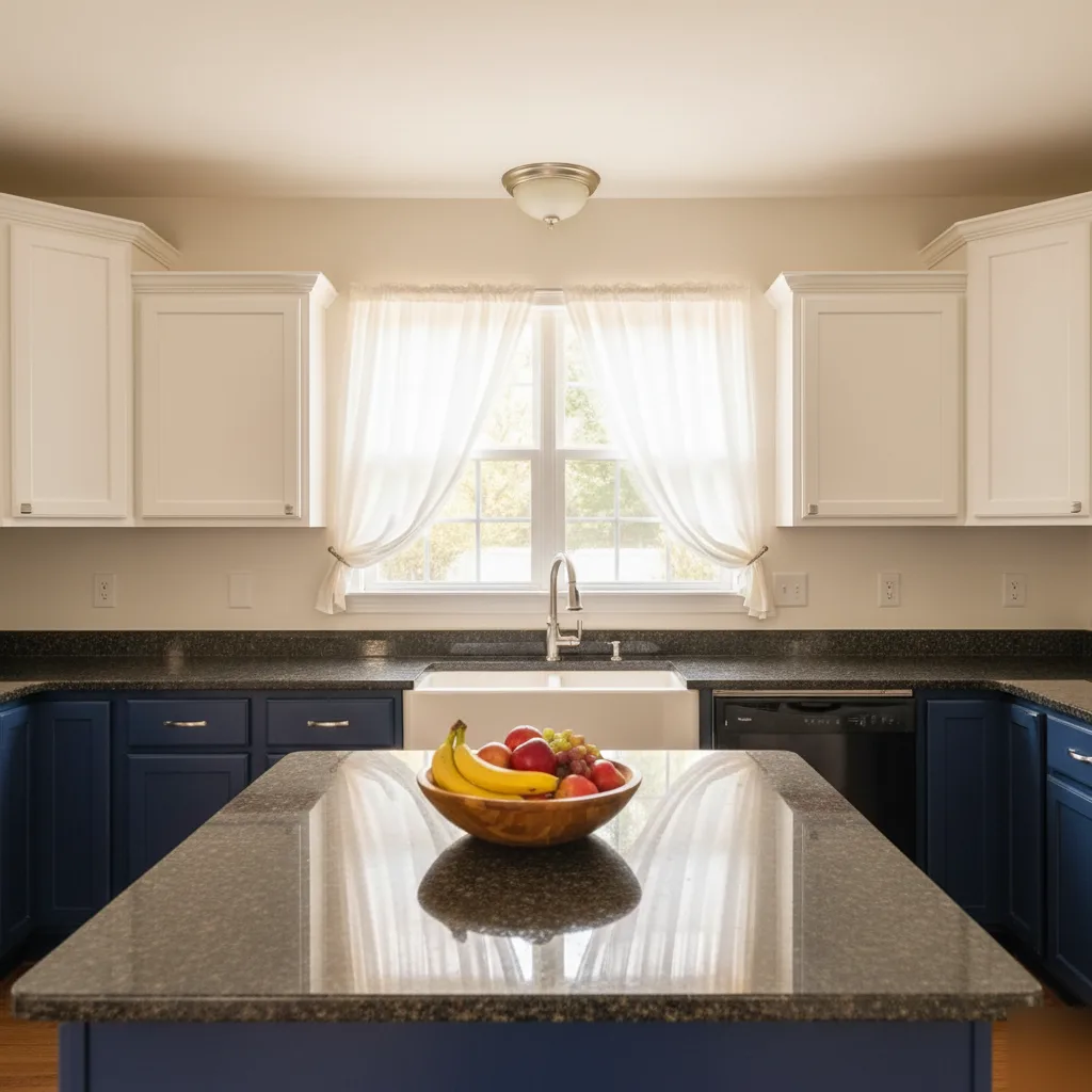 Finished kitchen remodel featuring navy blue lower cabinets, white upper cabinets, dark granite countertops, a farmhouse sink, and a center island in a Leesburg home