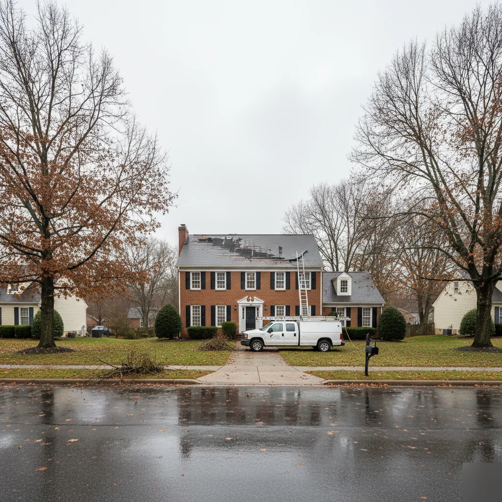 Brick colonial home in Leesburg with visible storm damage to the roof and a Salty Dog Remodeling service truck and ladder in the driveway
