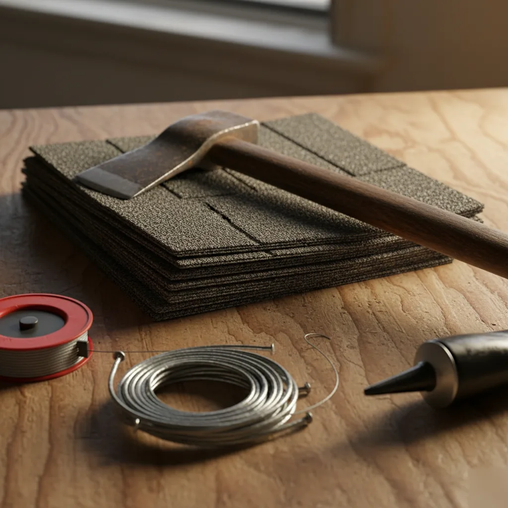 Stack of architectural asphalt shingles on a workbench with a roofing hatchet, coil of nails, and caulk gun