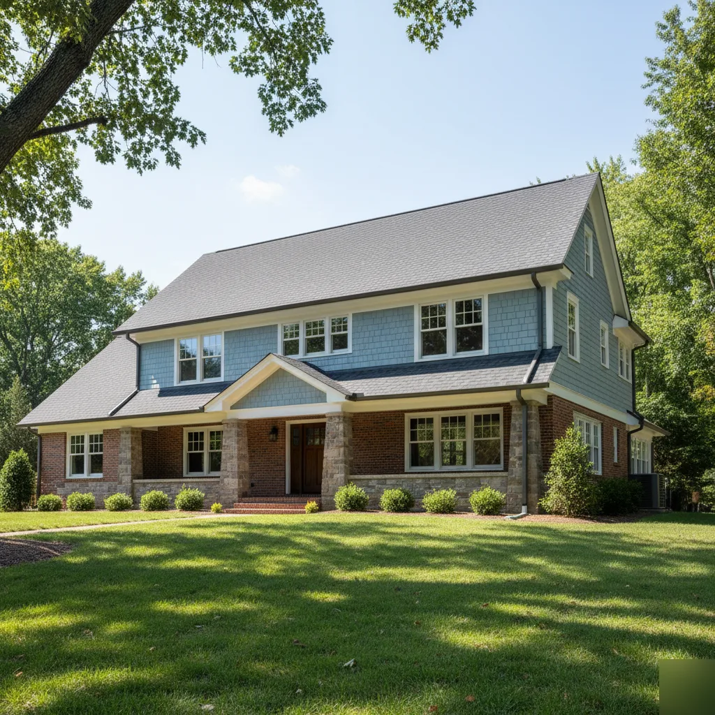 Completed roof replacement on a large craftsman-style home in Leesburg with new dark gray architectural shingles, light blue cedar shake siding, and stone porch columns