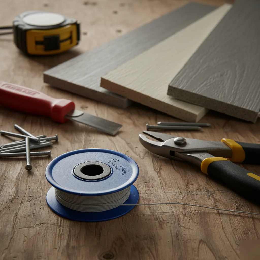 Siding installation tools and fiber cement panel samples on a wooden workbench, including a tape measure, utility knife, finishing nails, mason line spool, and pliers