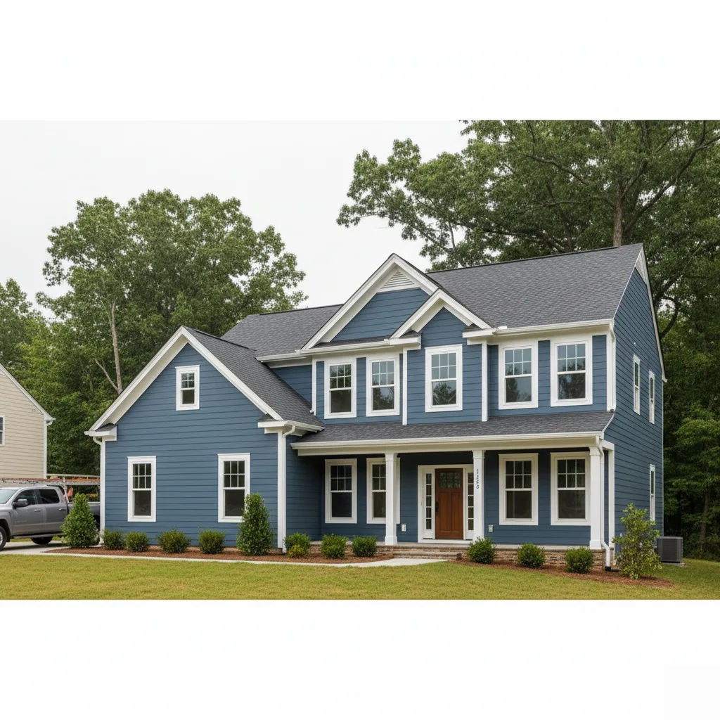 Two-story Leesburg home with newly installed dark navy James Hardie fiber cement lap siding, white trim, a covered front porch, white-framed windows, and gray architectural shingles