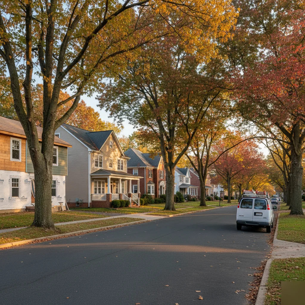 Tree-lined Leesburg neighborhood street in autumn with two-story homes and a white Salty Dog Remodeling service van parked along the curb near a home with exposed house wrap mid-replacement