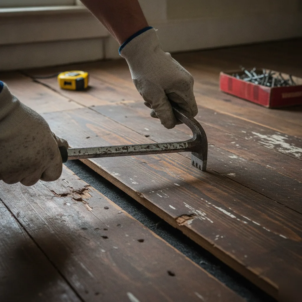 Contractor prying up old pine flooring boards with a crowbar during whole house renovation demo in Leesburg VA