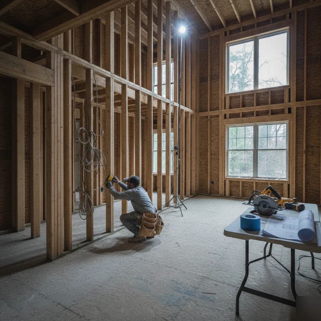 Contractor working inside exposed wood framing during whole house renovation rough-in phase in Leesburg VA