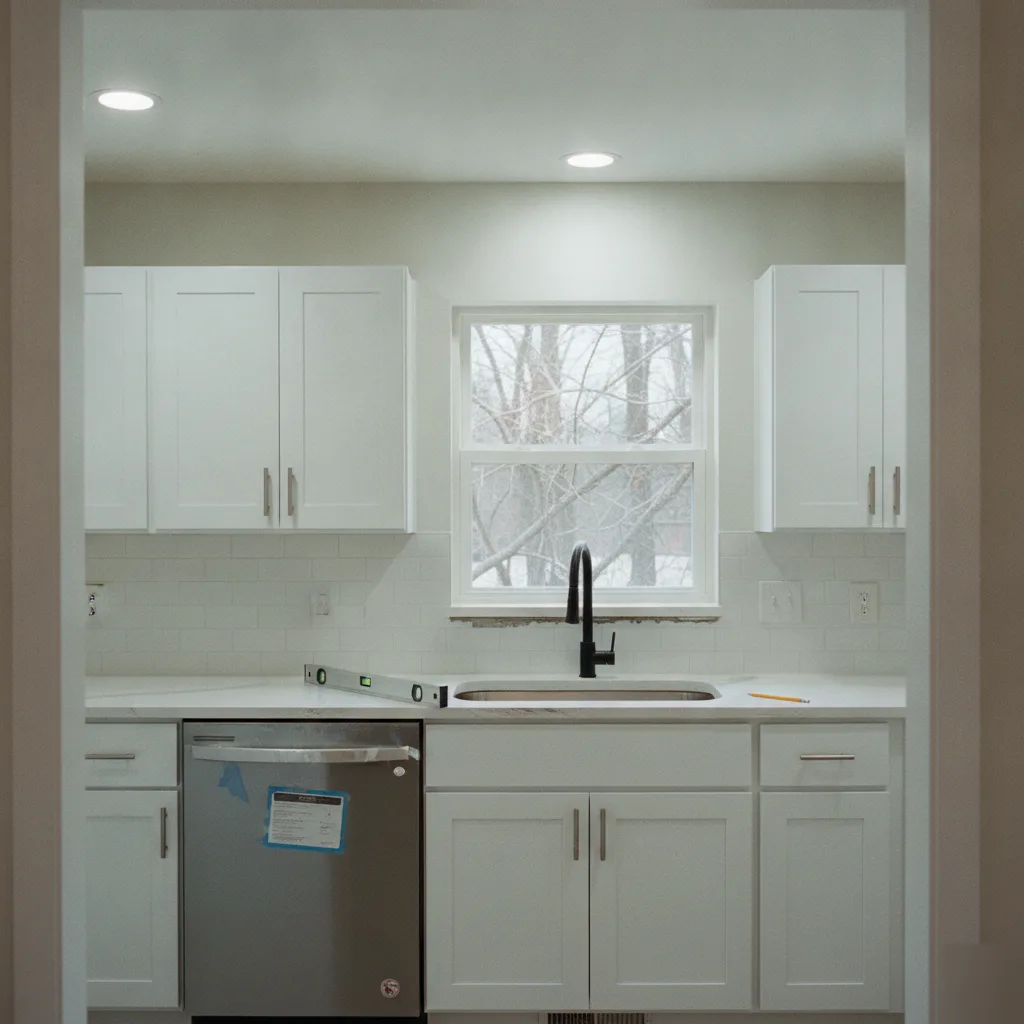 Completed kitchen renovation with white shaker cabinets quartz countertops and black fixtures in a Leesburg VA home