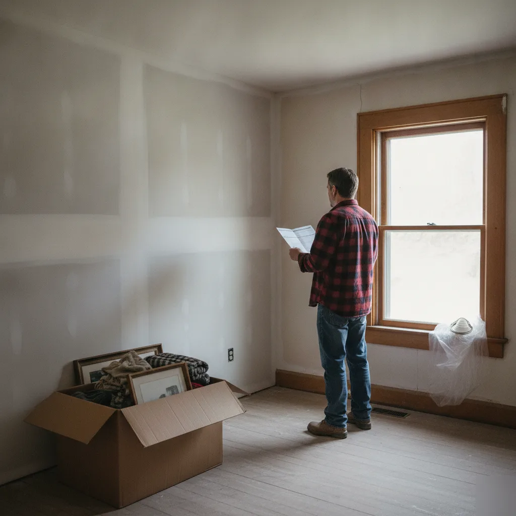 Homeowner reviewing renovation plans in an empty room with fresh drywall and bare wood floors mid-project in Leesburg VA