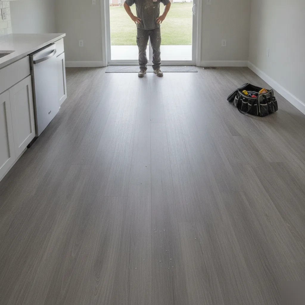 Completed waterproof luxury vinyl plank flooring installation in a kitchen in Leesburg VA with contractor standing in doorway