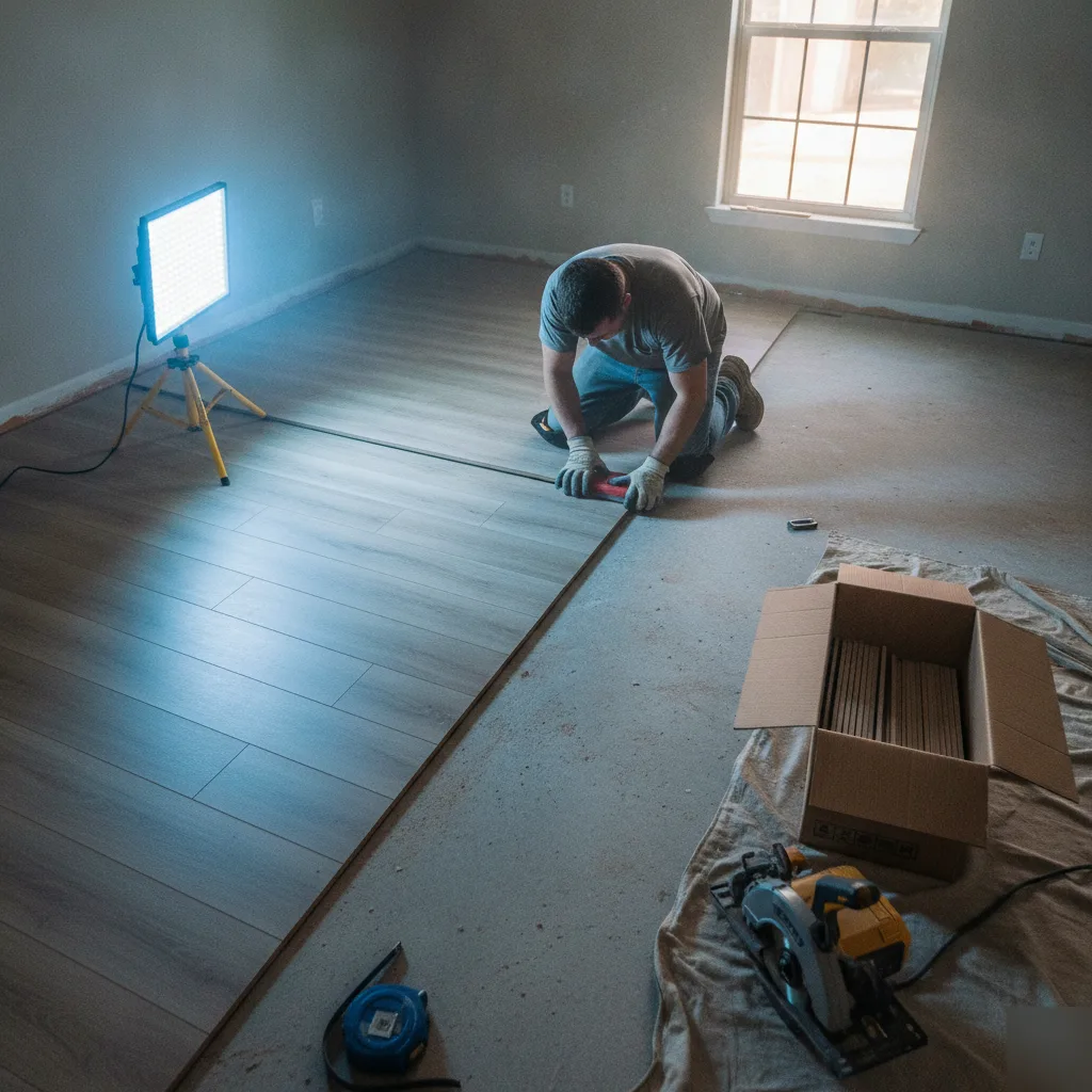 Flooring installer laying vinyl plank rows in an empty living room in Leesburg VA with work light and tools visible