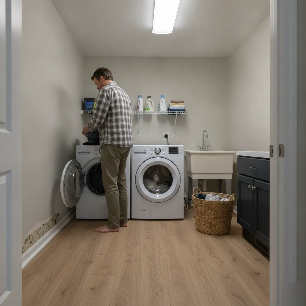 Homeowner using washer and dryer in a laundry room with completed waterproof vinyl plank flooring in Leesburg VA