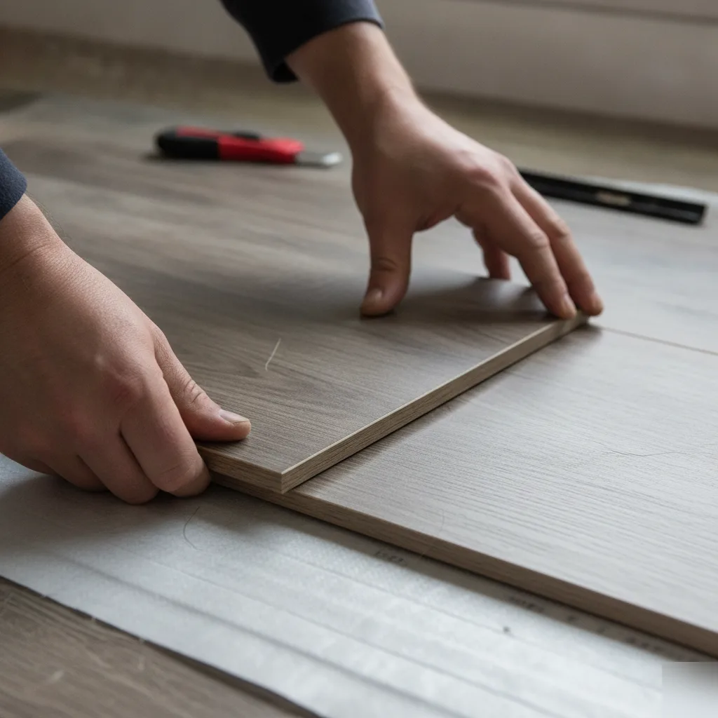 Close-up of installer hands pressing a click-lock vinyl plank into place at the seam during flooring installation in Leesburg VA