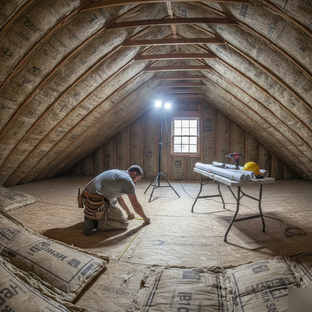 Contractor measuring attic subfloor layout in an unfinished Leesburg VA attic with exposed rafters and work light