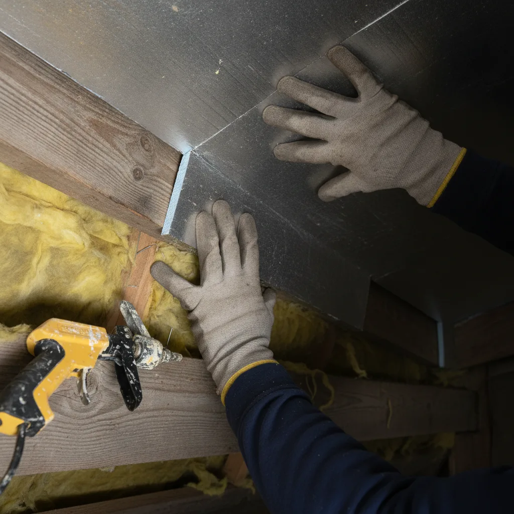 Contractor installing rigid foam board insulation between attic rafters alongside batt insulation in a Leesburg VA home